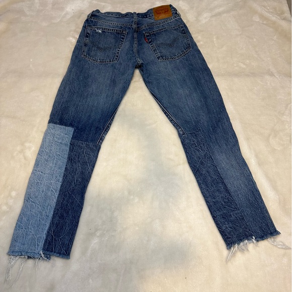 Levi's 501 Color-block Patchwork Ragged Lands Raw Hem Slim Straight Denim Jeans - Picture 6 of 16